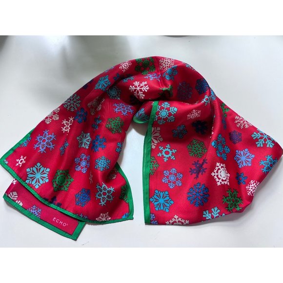 ECHO Holiday Long Scarf, Snowflakes, Red/Green, Christmas, 10" x 53" - Picture 1 of 9